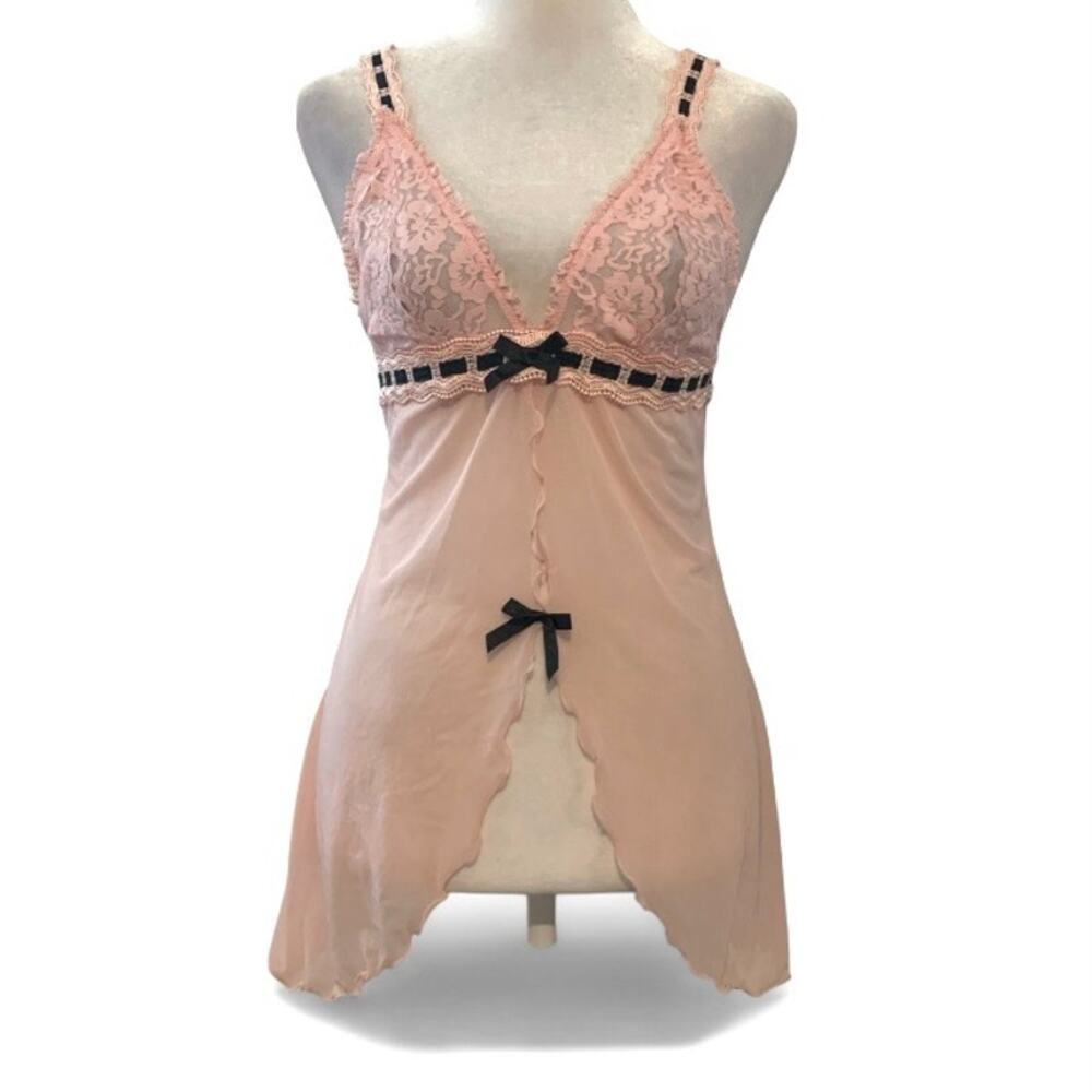 Vintage Oh La La Cheri Pink Mesh Babydoll Chemise Black Lace Bow Coquette M
